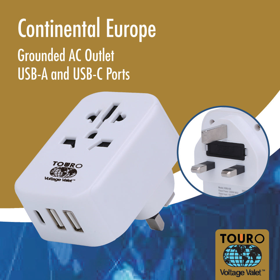 Grounded Adapter Plug Europe 3 Port USB/USB-C